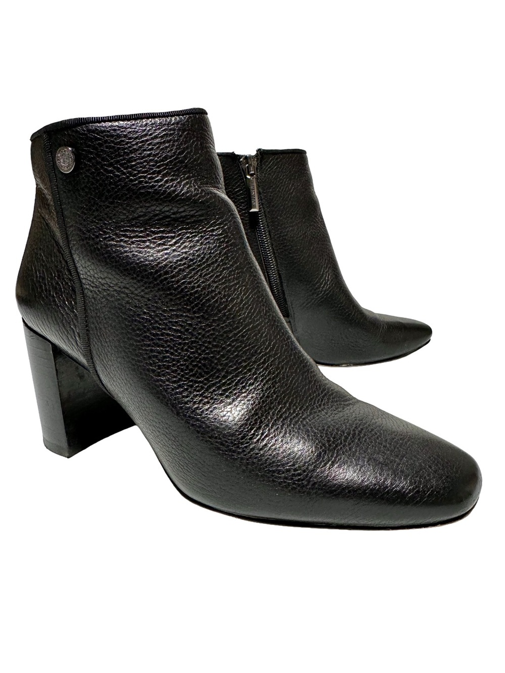 Karl Lagerfeld Black Pebbled Leather Ankle Boots Block Heel Size 6